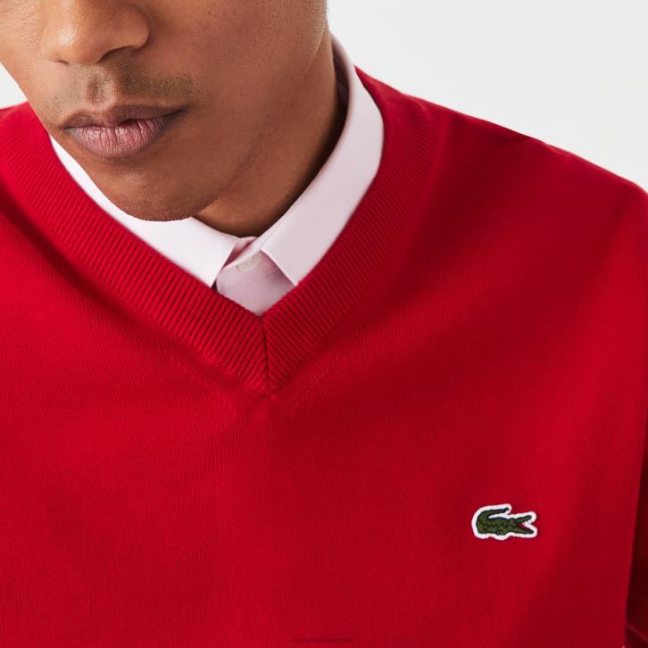 homens Lacoste vermelho 240 suéter de algodão orgânico com decote em V 08D01324