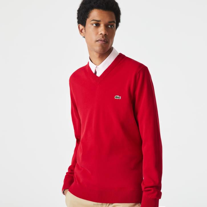 homens Lacoste vermelho 240 suéter de algodão orgânico com decote em V 08D01324