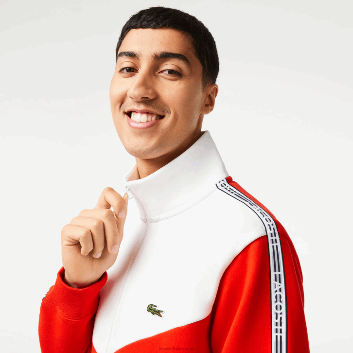 homens Lacoste vermelho branco anos 75 moletom clássico com zíper colorblock 08D019