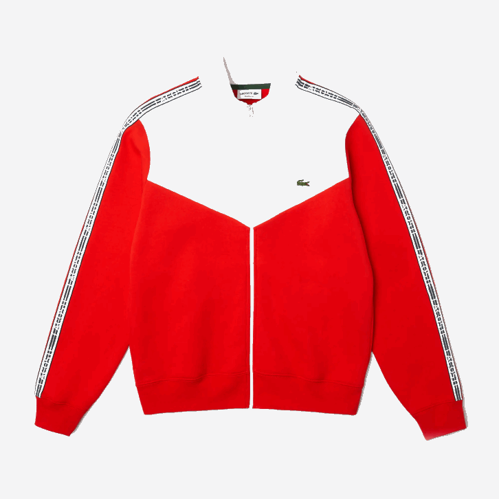 homens Lacoste vermelho branco anos 75 moletom clássico com zíper colorblock 08D019