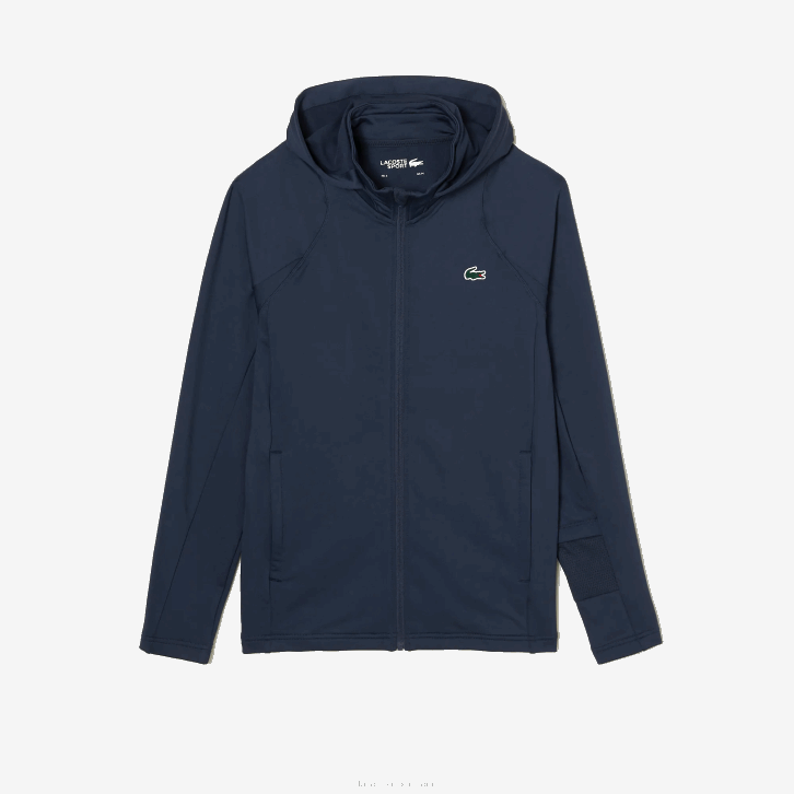homens Lacoste xie azul moletom com capuz gola alta e zíper esportivo 08D0335
