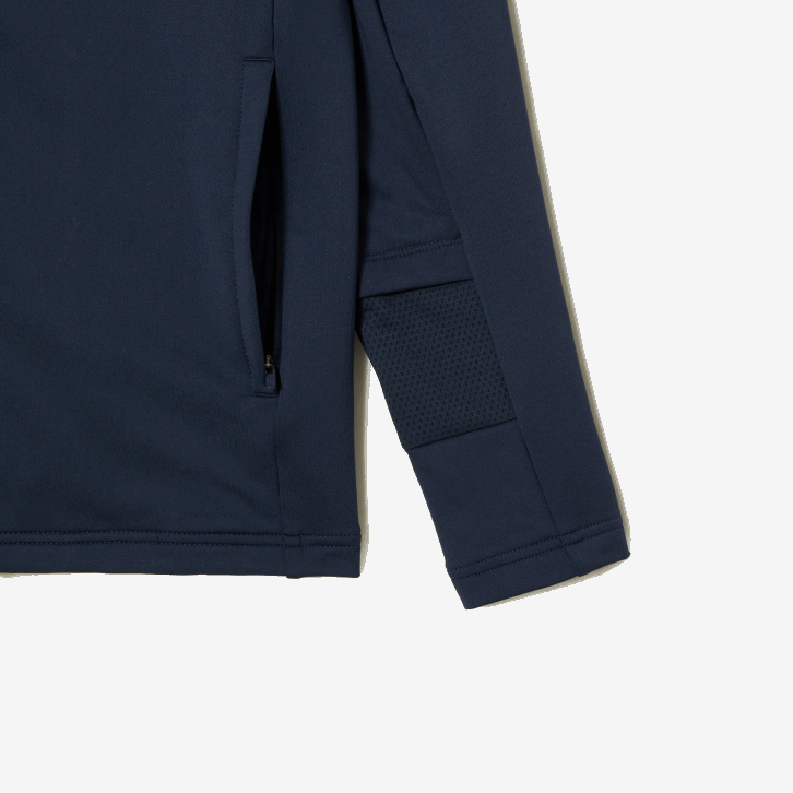 homens Lacoste xie azul moletom com capuz gola alta e zíper esportivo 08D0335