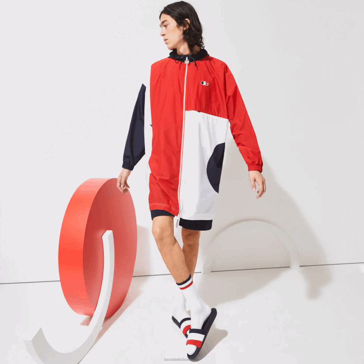 homens Lacoste azul marinho vermelho branco db3 capa de chuva oversized esportiva edição francesa do espírito esportivo 08D01299