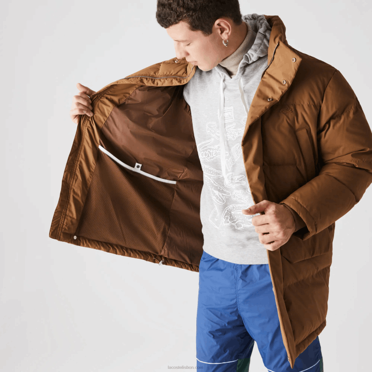 homens Lacoste marrom z0w casaco puffer longo com capuz destacável 08D01318