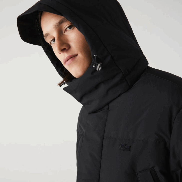 homens Lacoste preto 031 casaco puffer longo com capuz destacável 08D01317