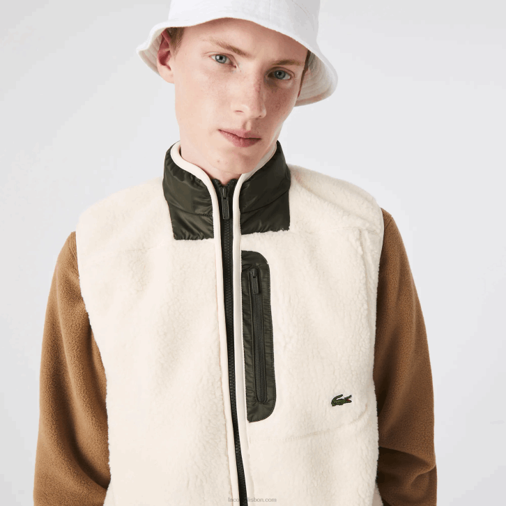 homens Lacoste branco caqui verde u9n colete de lã sherpa 08D01263