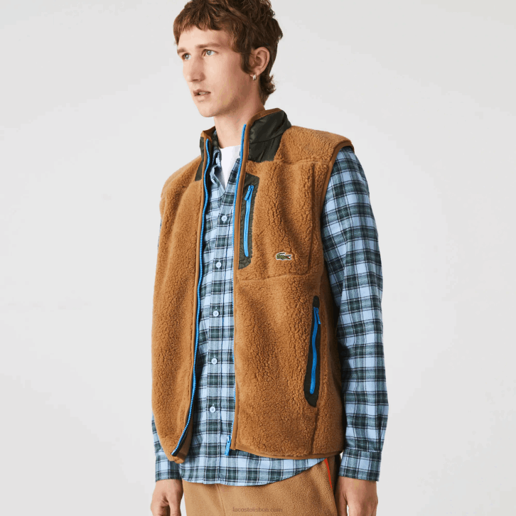 homens Lacoste marrom caqui verde 89f colete de lã sherpa 08D01262