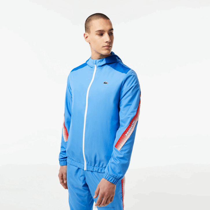 homens Lacoste azul branco wxi jaqueta de tênis com capuz de poliéster reciclado 08D0380