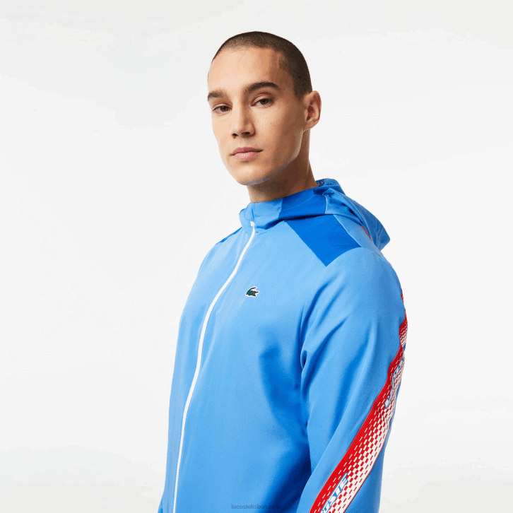 homens Lacoste azul branco wxi jaqueta de tênis com capuz de poliéster reciclado 08D0380