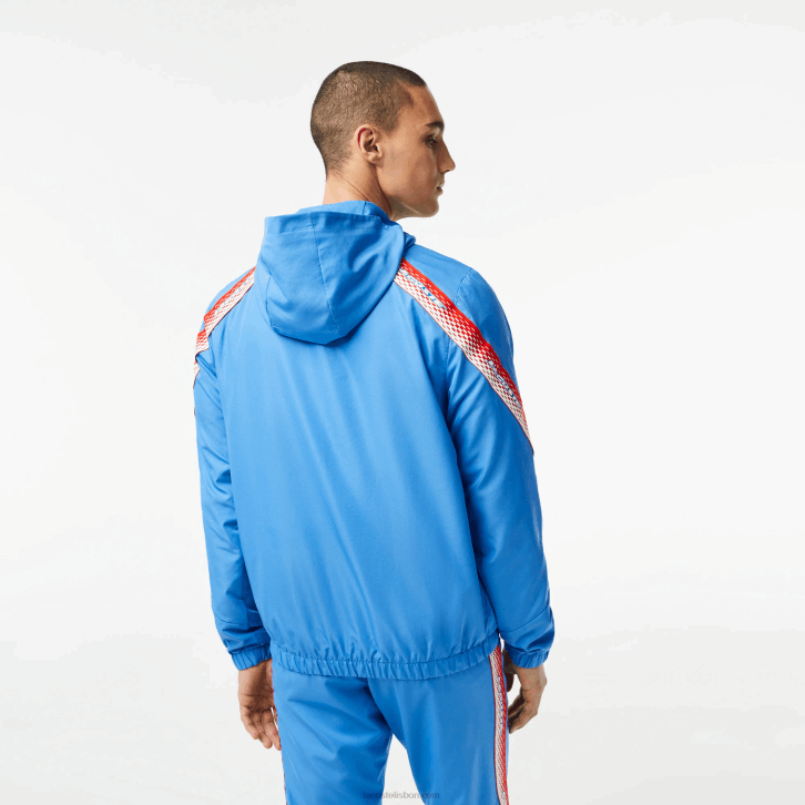 homens Lacoste azul branco wxi jaqueta de tênis com capuz de poliéster reciclado 08D0380