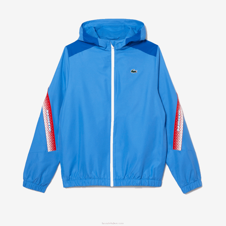 homens Lacoste azul branco wxi jaqueta de tênis com capuz de poliéster reciclado 08D0380