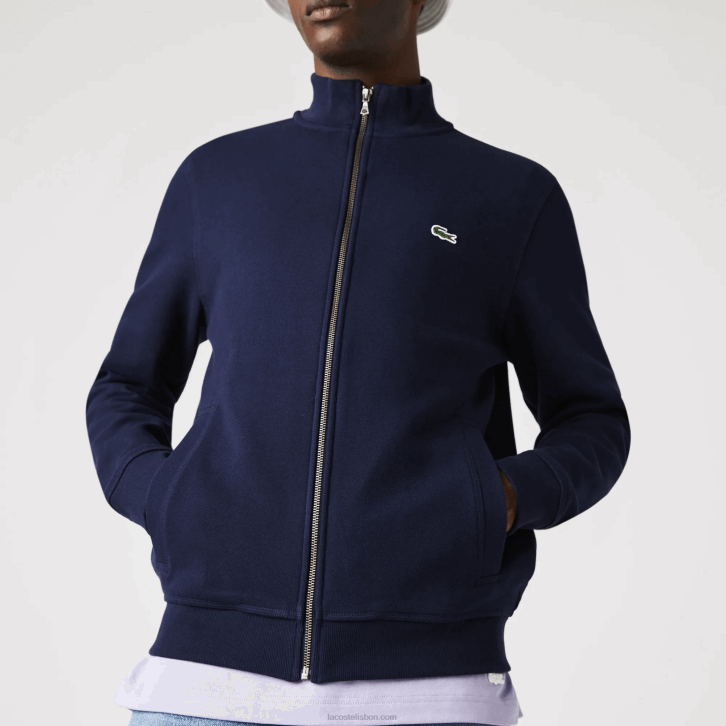 homens Lacoste azul marinho 166 jaqueta de lã piquê com gola alta com zíper 08D01035