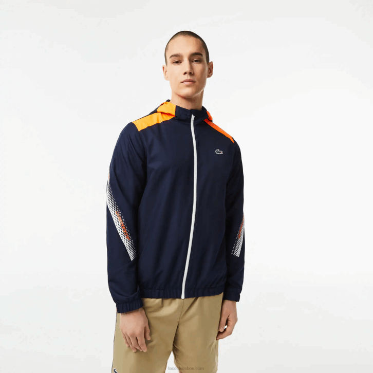 homens Lacoste azul marinho laranja branco ag4 jaqueta de tênis com capuz de poliéster reciclado 08D0379