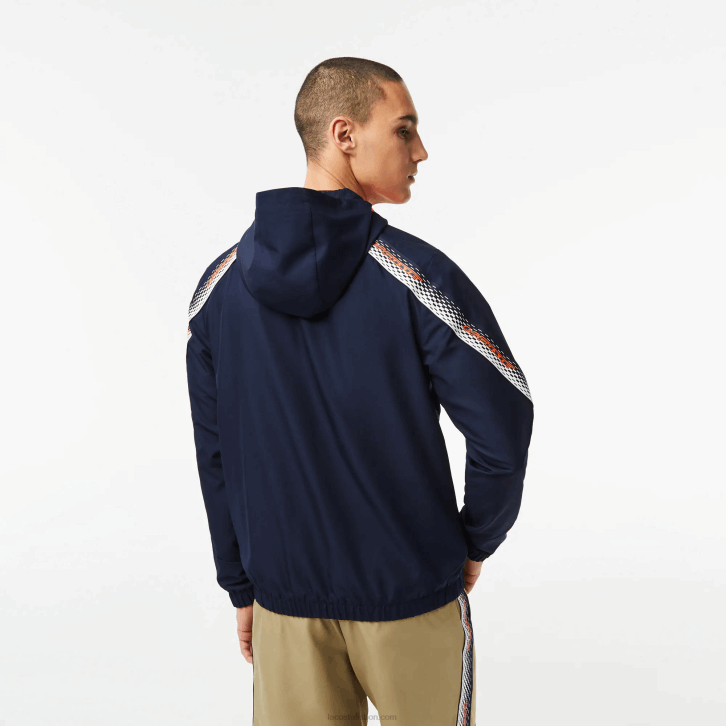 homens Lacoste azul marinho laranja branco ag4 jaqueta de tênis com capuz de poliéster reciclado 08D0379