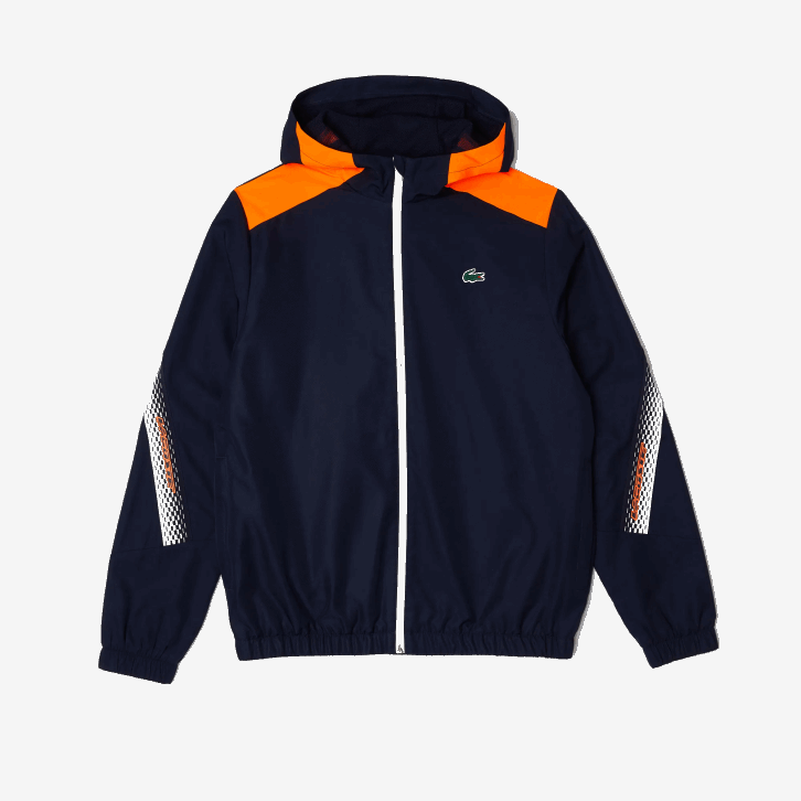homens Lacoste azul marinho laranja branco ag4 jaqueta de tênis com capuz de poliéster reciclado 08D0379