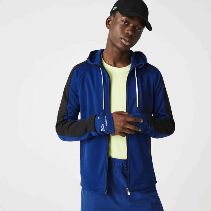 homens Lacoste azul preto branco pw jaqueta com capuz de banda de contraste esporte 08D01191