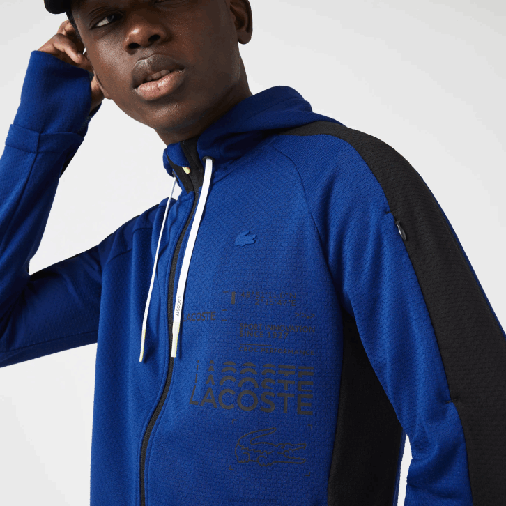 homens Lacoste azul preto branco pw jaqueta com capuz de banda de contraste esporte 08D01191