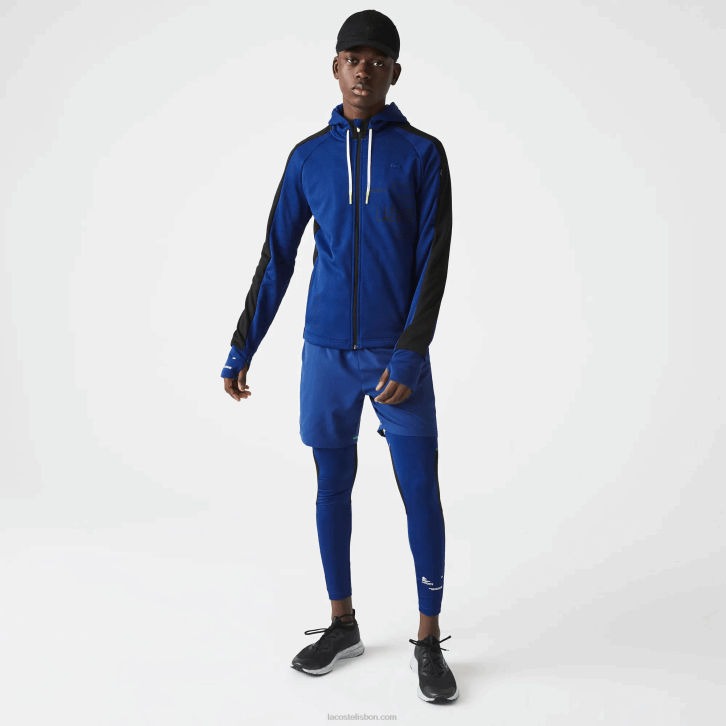 homens Lacoste azul preto branco pw jaqueta com capuz de banda de contraste esporte 08D01191