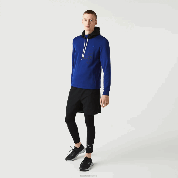 homens Lacoste azul preto branco pw jaqueta pulôver esportiva de nylon com capuz contrastante 08D01193