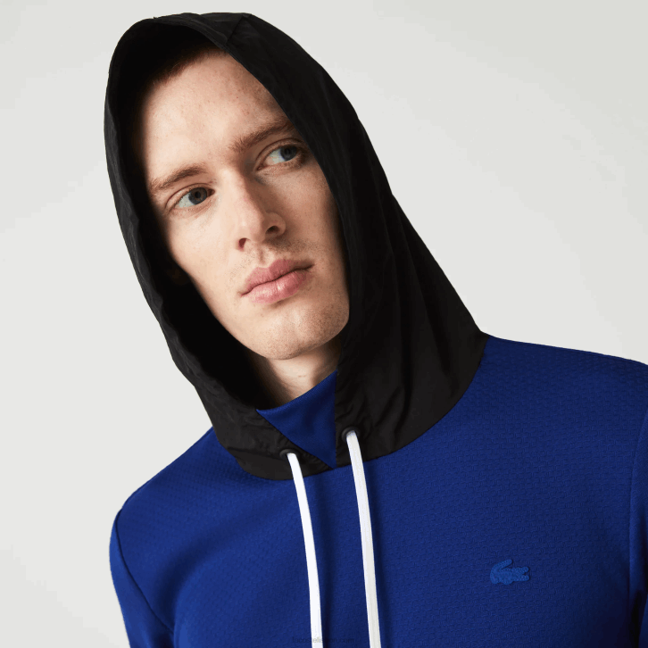 homens Lacoste azul preto branco pw jaqueta pulôver esportiva de nylon com capuz contrastante 08D01193