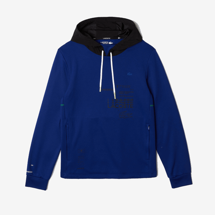 homens Lacoste azul preto branco pw jaqueta pulôver esportiva de nylon com capuz contrastante 08D01193