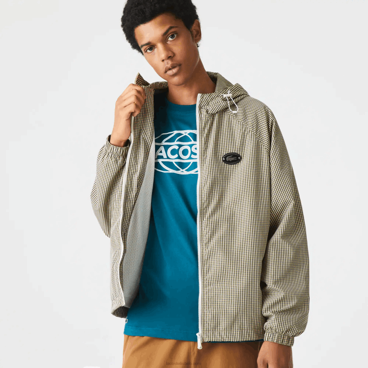 homens Lacoste bege marinho branco verde caqui 87e jaqueta de sarja xadrez com capuz 08D01232