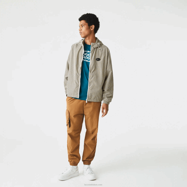 homens Lacoste bege marinho branco verde caqui 87e jaqueta de sarja xadrez com capuz 08D01232