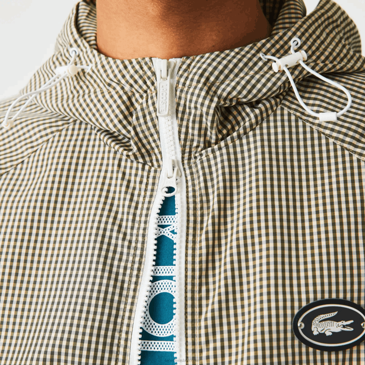 homens Lacoste bege marinho branco verde caqui 87e jaqueta de sarja xadrez com capuz 08D01232