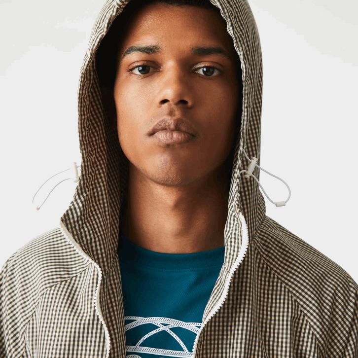 homens Lacoste bege marinho branco verde caqui 87e jaqueta de sarja xadrez com capuz 08D01232