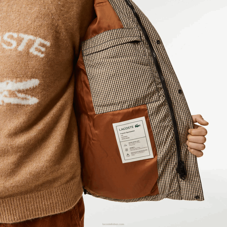 homens Lacoste bege marinho verde caqui 87e Jaqueta acolchoada de sarja com estampa xadrez 08D0399