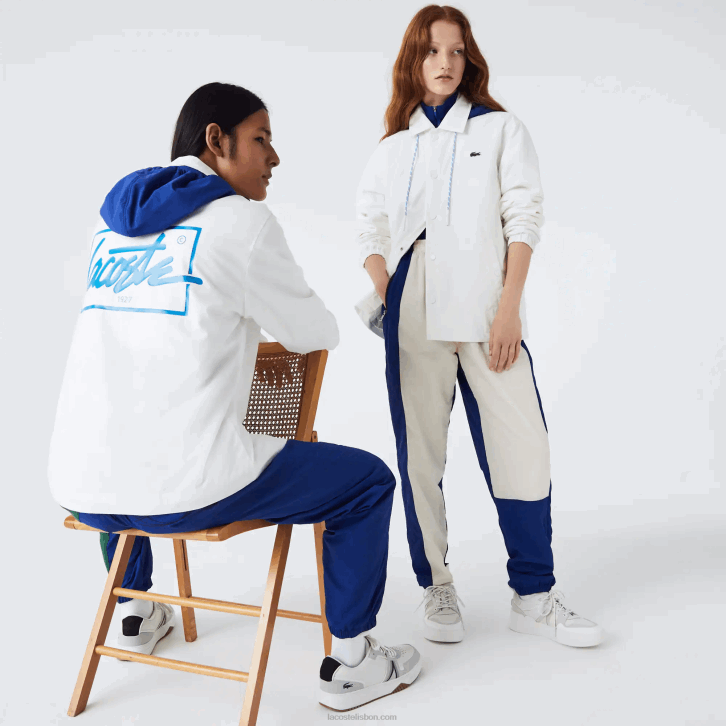 homens Lacoste branco azul eme jaqueta abotoada com capuz contraste ao vivo 08D01316