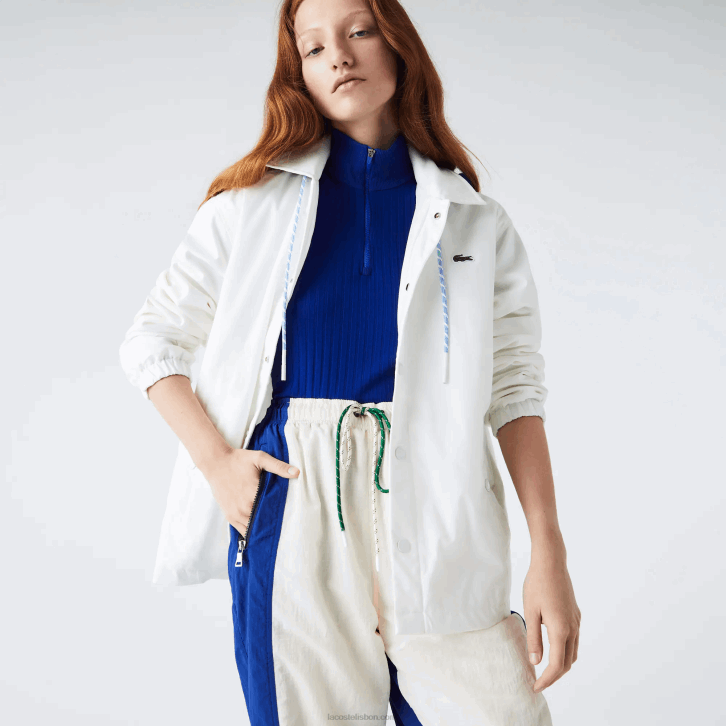 homens Lacoste branco azul eme jaqueta abotoada com capuz contraste ao vivo 08D01316