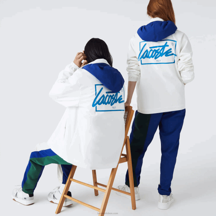 homens Lacoste branco azul eme jaqueta abotoada com capuz contraste ao vivo 08D01316