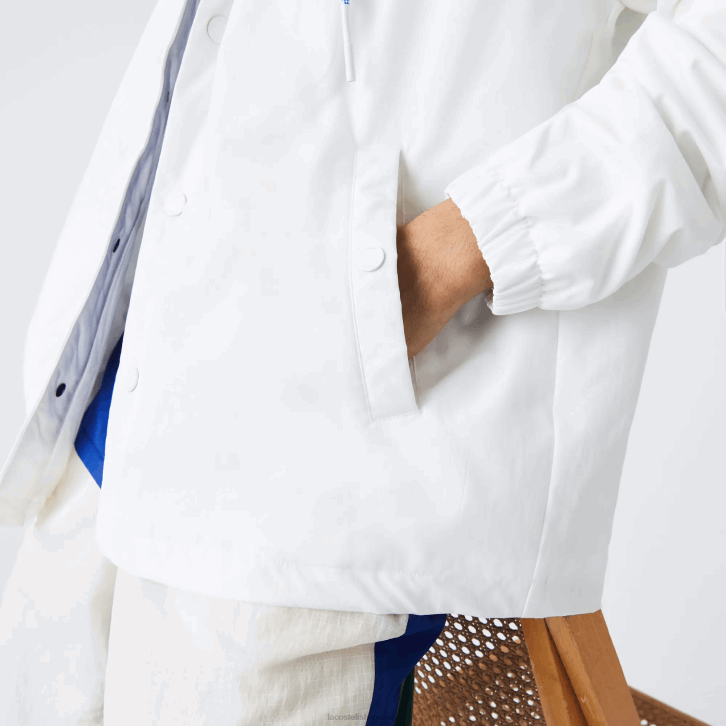 homens Lacoste branco azul eme jaqueta abotoada com capuz contraste ao vivo 08D01316