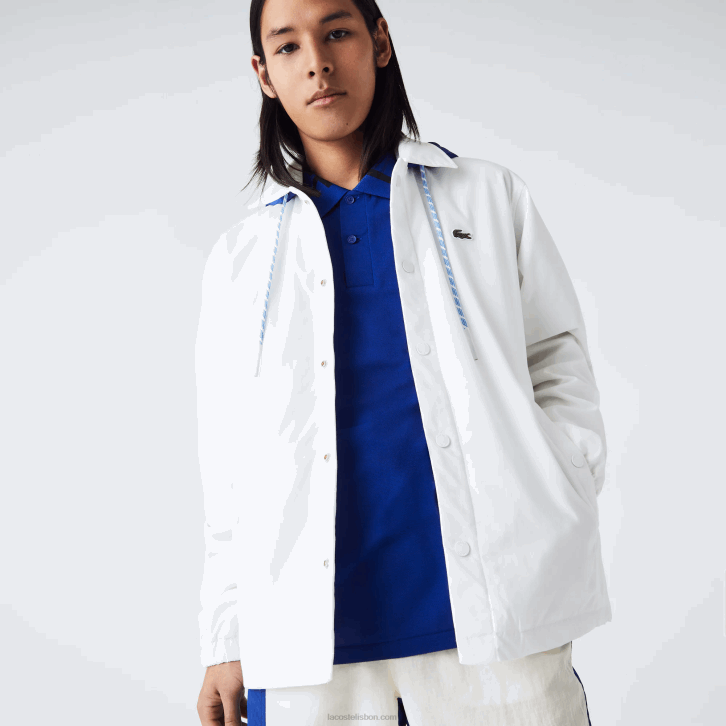 homens Lacoste branco azul eme jaqueta abotoada com capuz contraste ao vivo 08D01316