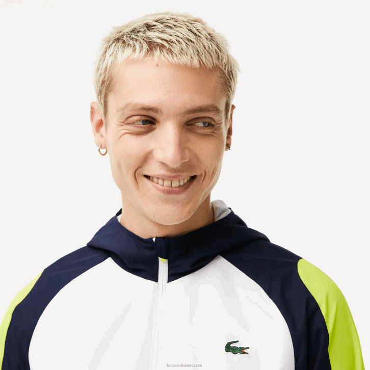 homens Lacoste branco azul marinho amarelo 6f5 jaqueta de tênis color block esportiva 08D01274