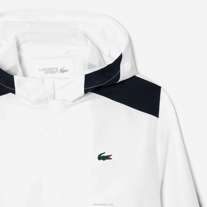homens Lacoste branco azul marinho amarelo x1i jaqueta de tênis com capuz de poliéster reciclado 08D0381