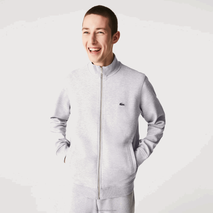 homens Lacoste chine cinza cca jaqueta de lã piquê com gola alta com zíper 08D01036