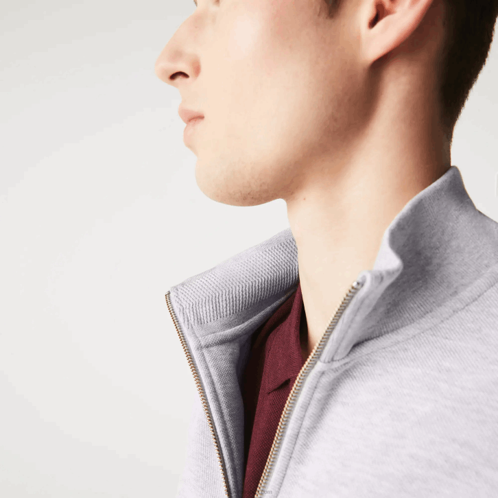 homens Lacoste chine cinza cca jaqueta de lã piquê com gola alta com zíper 08D01036