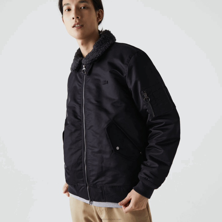 homens Lacoste cinza escuro azul marinho 2t9 Jaqueta bomber com gola sherpa 08D01214