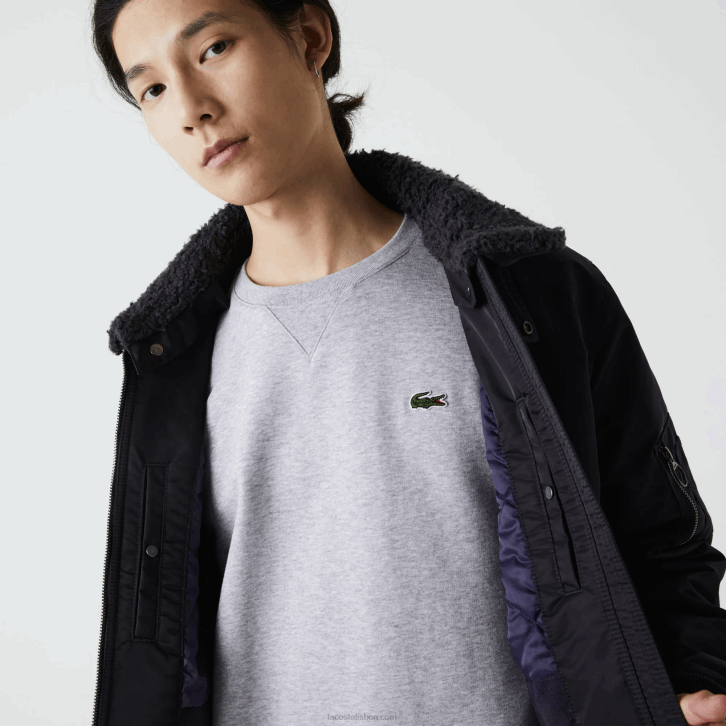 homens Lacoste cinza escuro azul marinho 2t9 Jaqueta bomber com gola sherpa 08D01214