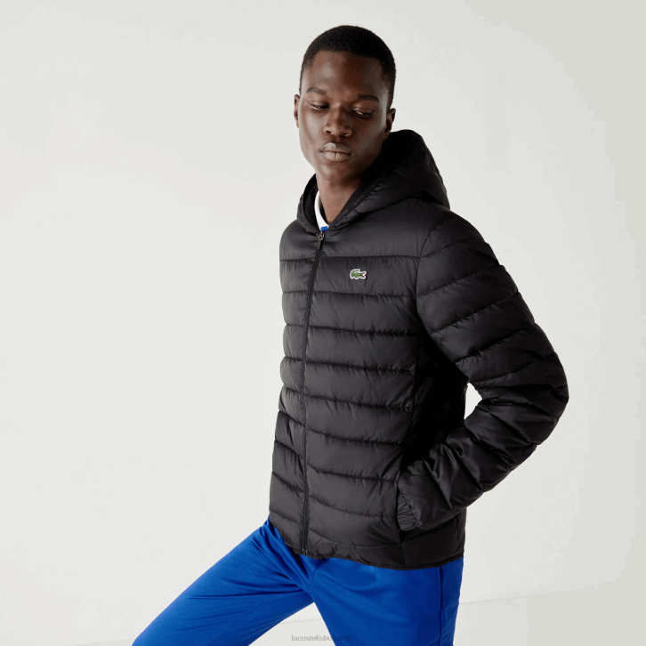 homens Lacoste preto c31 Jaqueta acolchoada resistente à água com capuz esportivo 08D01319
