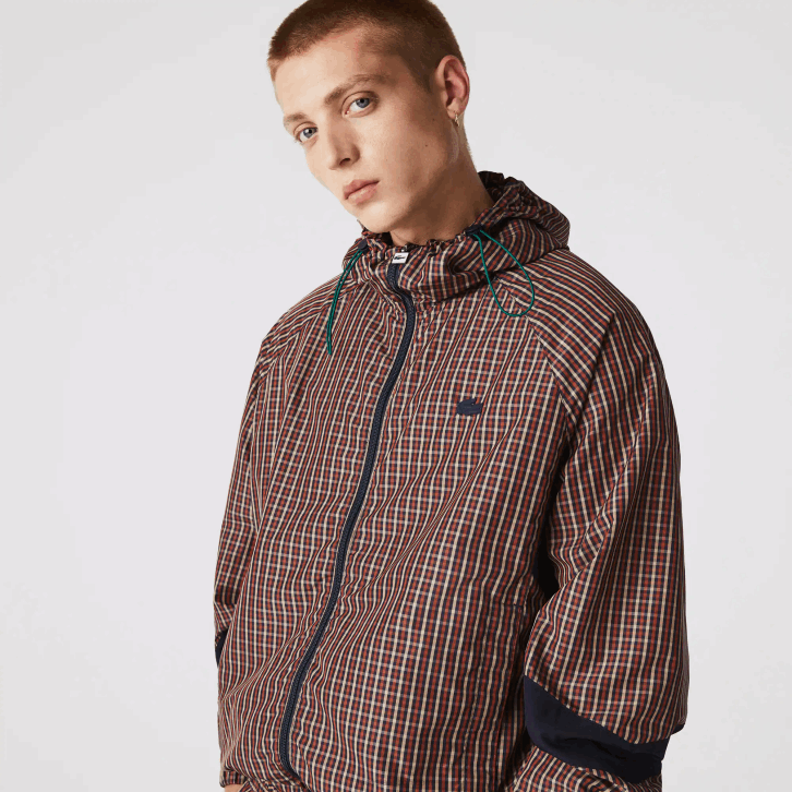 homens Lacoste qrn branco azul marinho Jaqueta xadrez leve com capuz com zíper ao vivo 08D01278