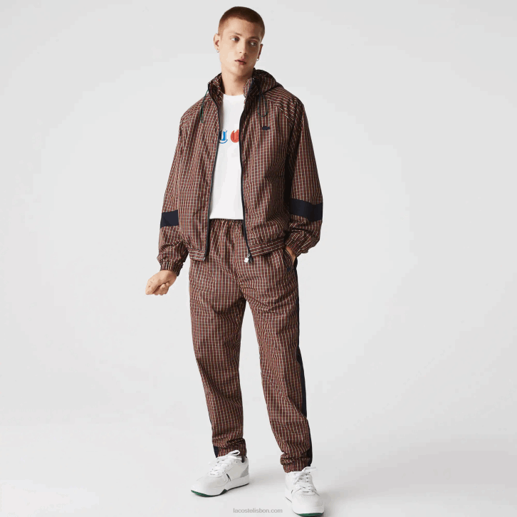 homens Lacoste qrn branco azul marinho Jaqueta xadrez leve com capuz com zíper ao vivo 08D01278
