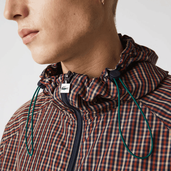 homens Lacoste qrn branco azul marinho Jaqueta xadrez leve com capuz com zíper ao vivo 08D01278