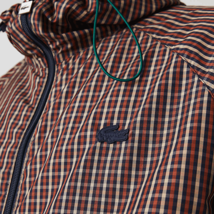 homens Lacoste qrn branco azul marinho Jaqueta xadrez leve com capuz com zíper ao vivo 08D01278