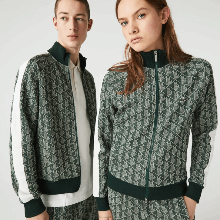 homens Lacoste verde bege 7m4 Jaqueta jacquard com estampa de monograma ao vivo 08D01188