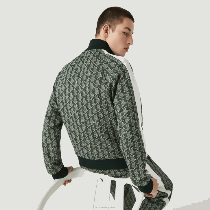 homens Lacoste verde bege 7m4 Jaqueta jacquard com estampa de monograma ao vivo 08D01188