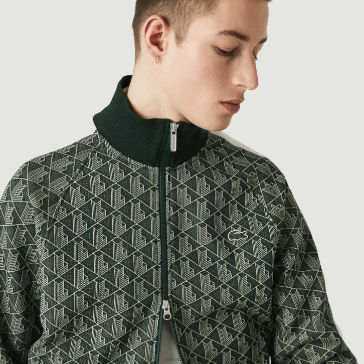 homens Lacoste verde bege 7m4 Jaqueta jacquard com estampa de monograma ao vivo 08D01188