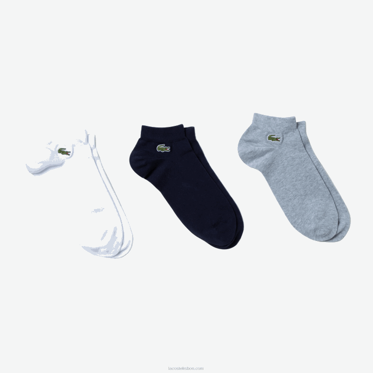 homens Lacoste chine cinza azul marinho branco 5kc pacote com 3 meias esportivas decotadas 08D0510